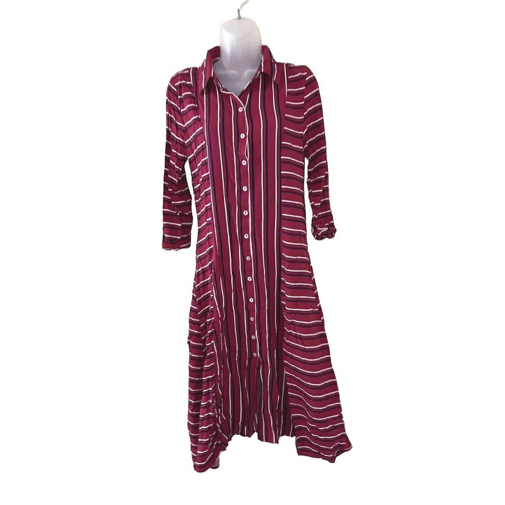 Cover Story Womens Maxi Dress Burgundy Red Striped Size M 3/4 Sleeve Button Up